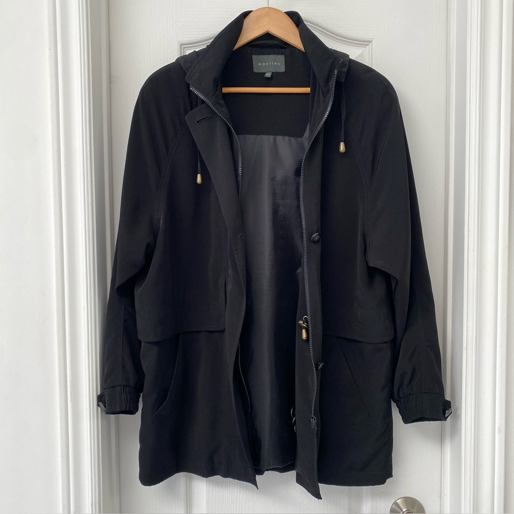 Mantles Black Jacket Women’s Medium Lightweight Hooded Coat Zip Button Spring